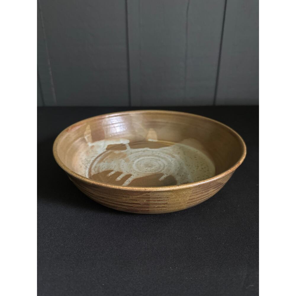 Handmade Studio Pottery Wide Glazed Bowl Deep Plate Brown Beige Artist Signed